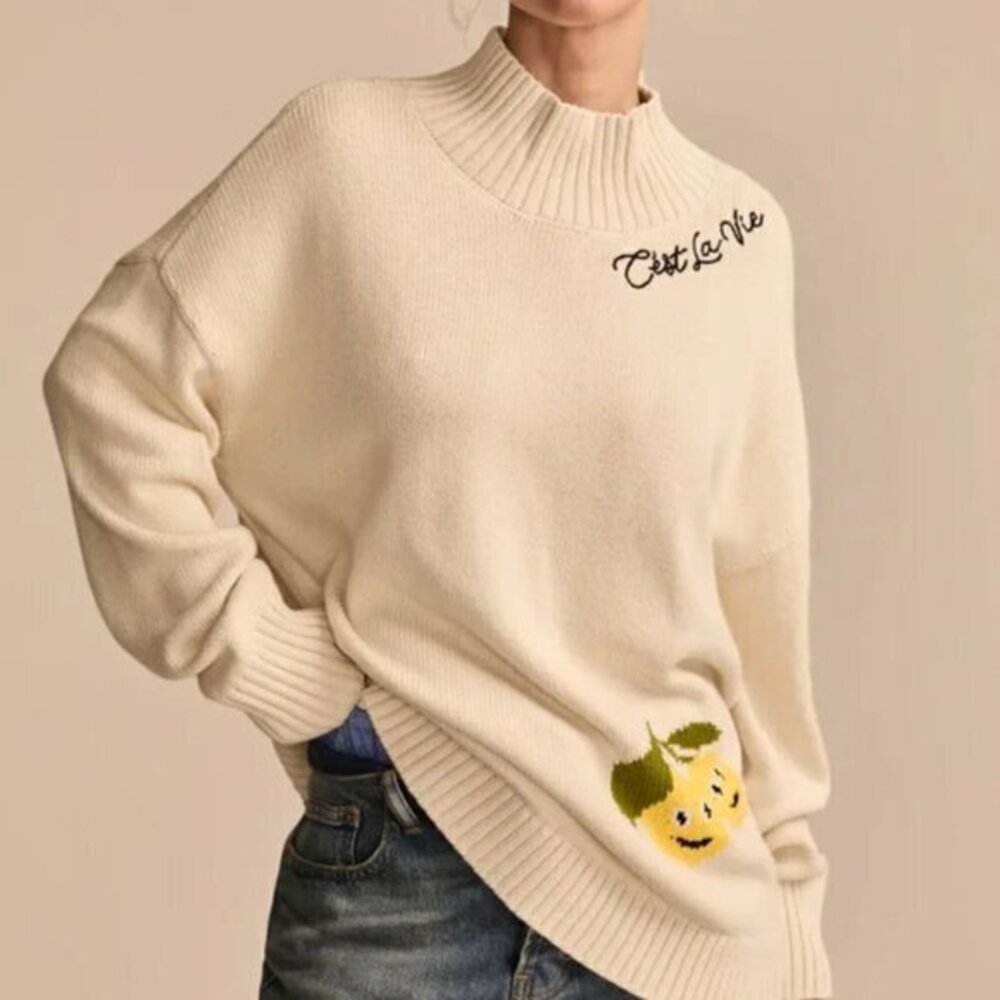 Lucky Brand Graphic Lemon Turtleneck Sweater Size Small